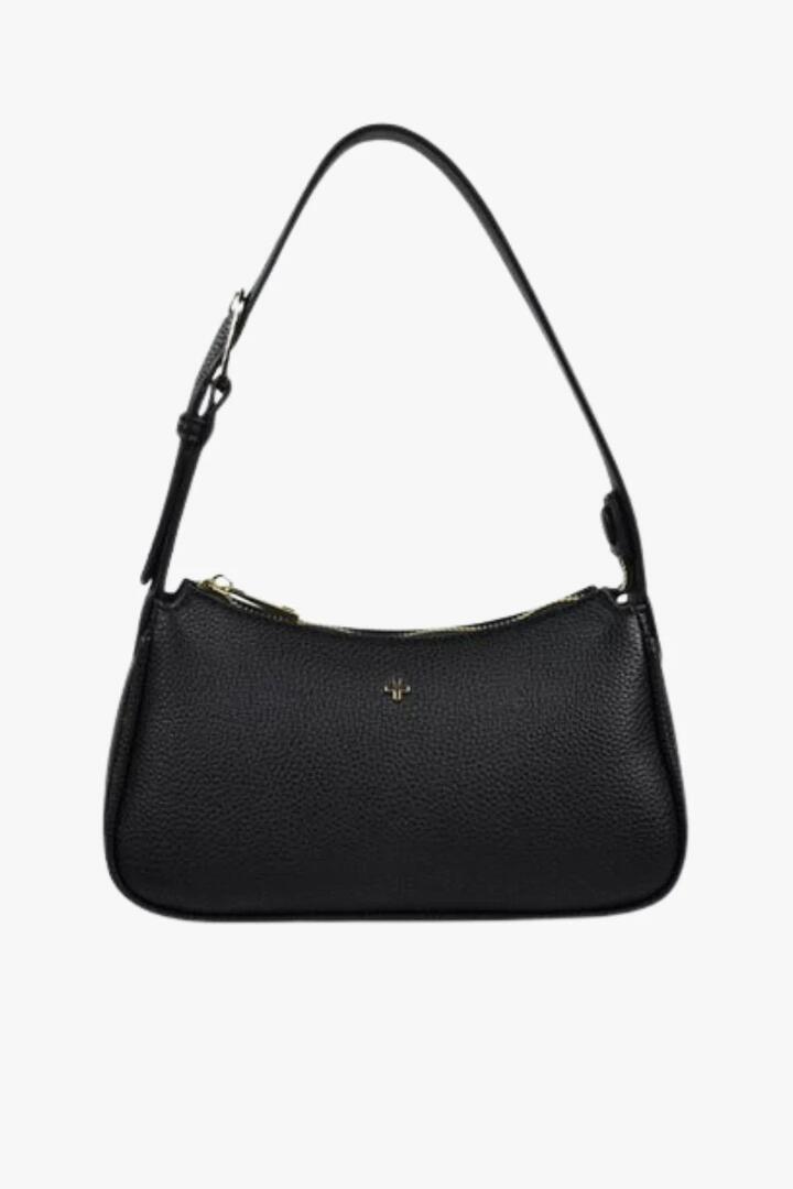 Image of Bags. Product name - Gabi Black Vegan Leather Gold Hardware Shoulder Bag in Black colour by brand - Peta + Jain