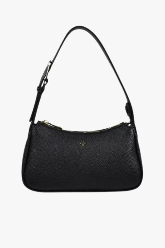 Image of Bags. Product name - Gabi Black Vegan Leather Gold Hardware Shoulder Bag in Black colour by brand - Peta + Jain