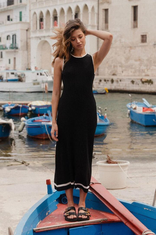 Image of Dresses. Product name - Vanity Black Rib Sleeveless Knit Maxi Dress in Black colour by brand - Stories be Told