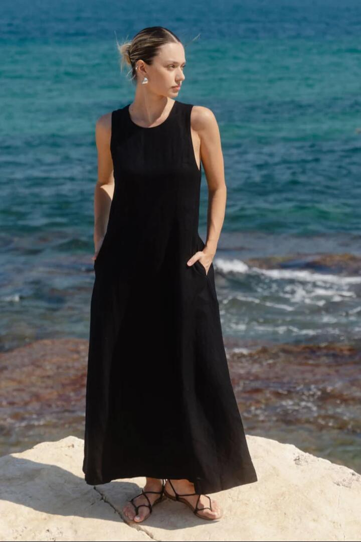 Image of Dresses. Product name - Easygoing Black Linen Blend Sleeveless Crew Neck Midi Dress in Black colour by brand - RE:UNION Label