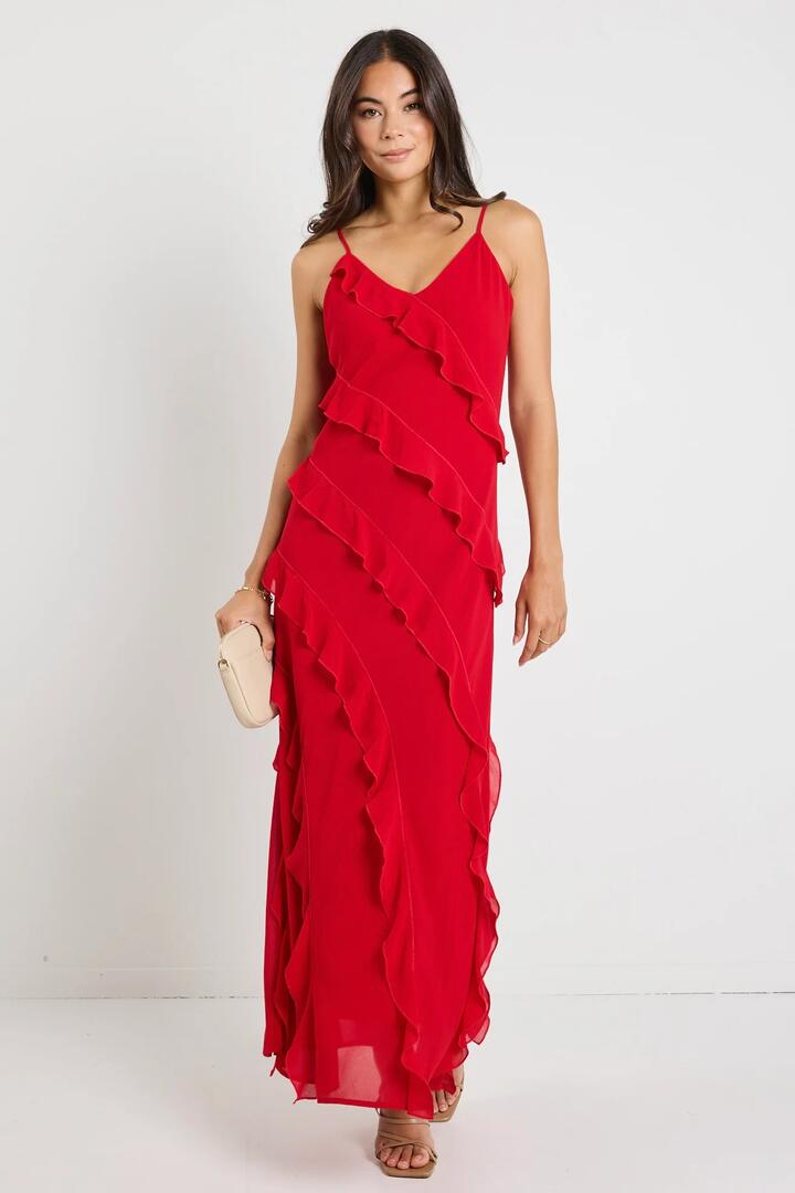 Image of Dresses. Product name - Galore Flame Bias Ruffle Slip Maxi Dress in Flame colour by brand - Georgia Zoe