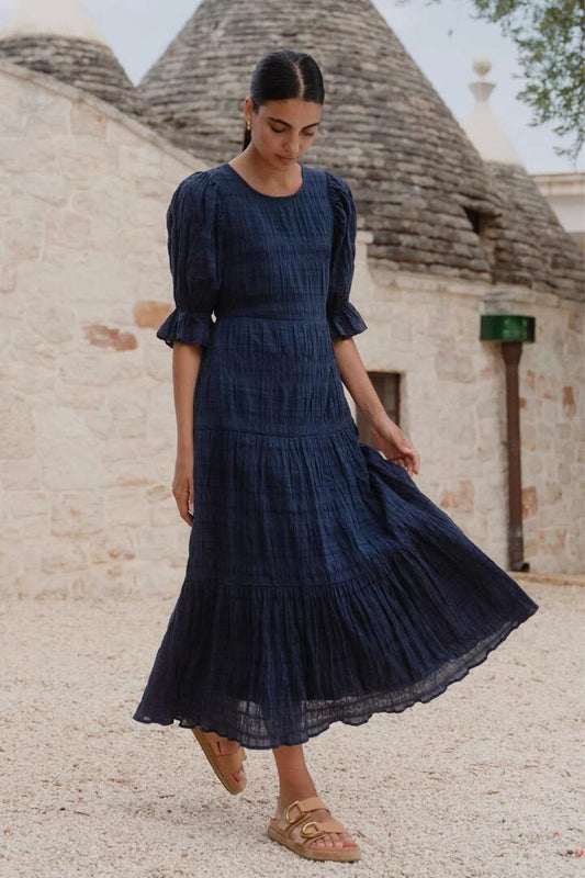 Image of Dresses. Product name - Gratitude Navy Bubble SS Tiered Maxi Dress in Navy colour by brand - Ivy + Jack