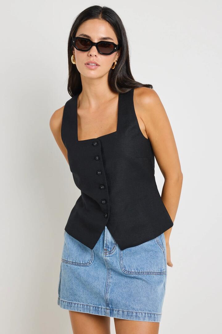 Image of Coats & Jackets. Product name - Viaduct Black Linen Viscose Sleeveless Vest Top in Black Linen Viscose colour by brand - RE:UNION Label