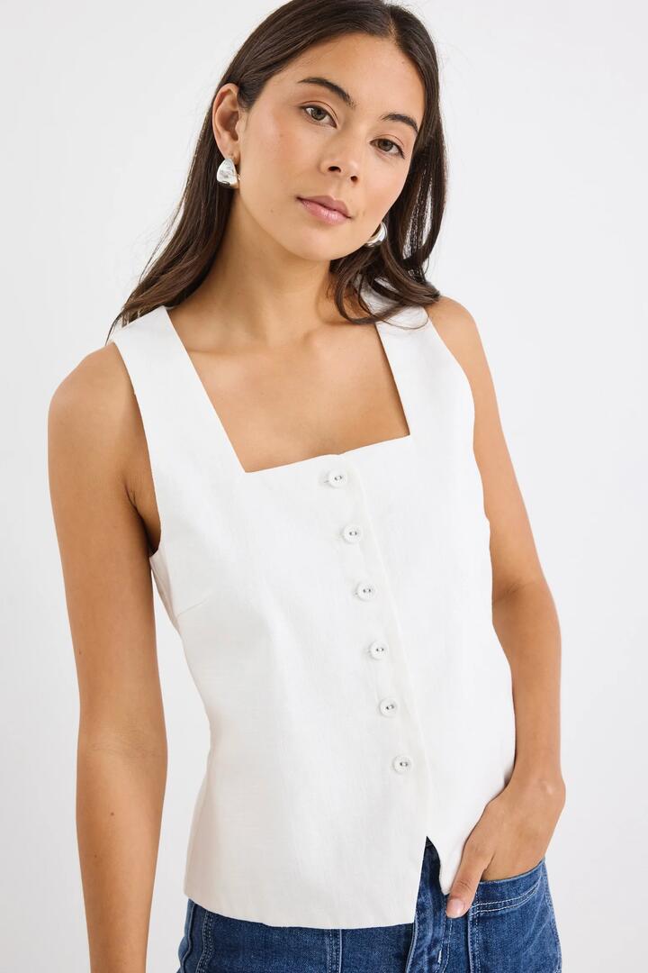 Image of Coats & Jackets. Product name - Viaduct Ivory Ramie Sleeveless Vest Top in Ivory Ramie colour by brand - RE:UNION Label