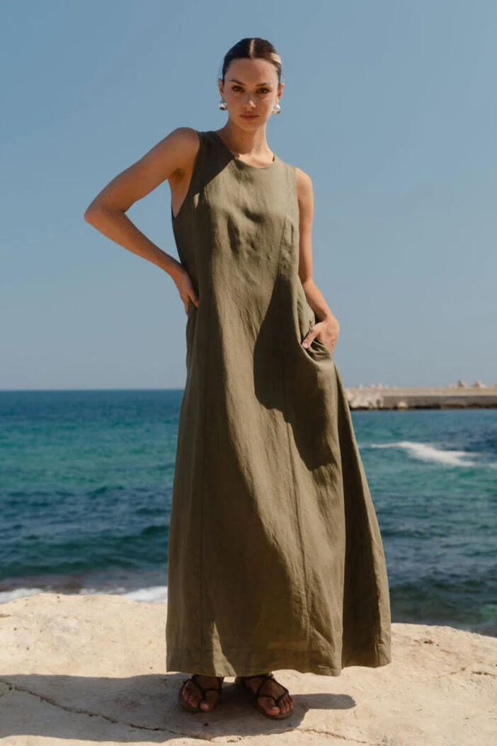 Image of Dresses. Product name - Easygoing Khaki Linen Blend Sleeveless Crew Neck Midi Dress in Khaki colour by brand - RE:UNION Label