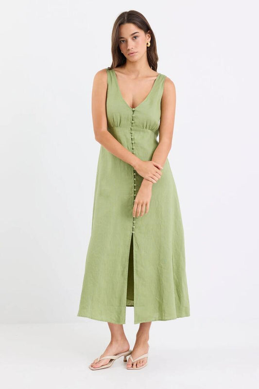 Image of Dresses. Product name - Panama Moss Sleeveless Button Front Midi Dress in Moss colour by brand - Among the Brave