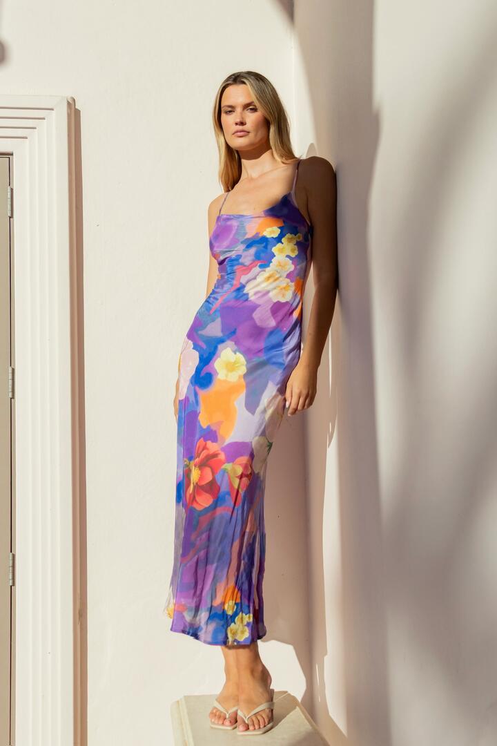 Image of Dresses. Product name - Lavish Violet Floral Tie Back Bias Slip Dress in Violet Floral colour by brand - Georgia Zoe