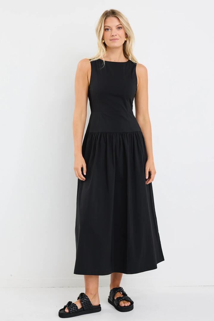 Image of Dresses. Product name - Results Black Cotton Structured Sleeveless Maxi Dress in Black colour by brand - Stories be Told