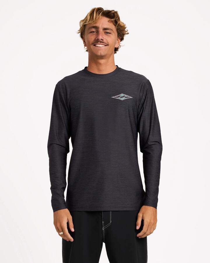 Image of a model wearing Tops. Product name - Billabong Mens Diamond Shoreline Upf 50 Long Sleeve Rash Vest Black Heather in Black Heather colour by brand - Billabong