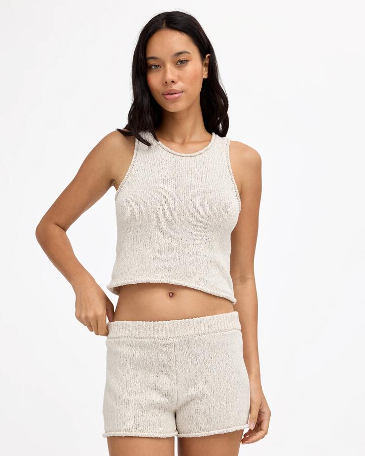 Image of a model wearing Tops. Product name - Billabong Womens All Day Me Knit Tank Top Salt Crystal in Salt Crystal colour by brand - Billabong