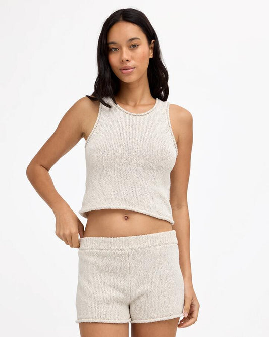 Image of a model wearing Tops. Product name - Billabong Womens All Day Me Knit Tank Top Salt Crystal in Salt Crystal colour by brand - Billabong