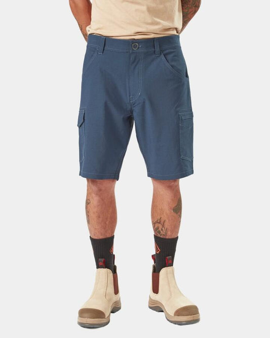 Image of a model wearing Shorts. Product name - Volcom Mens Slab Hybrid Cargo Shorts Navy in Navy colour by brand - Volcom