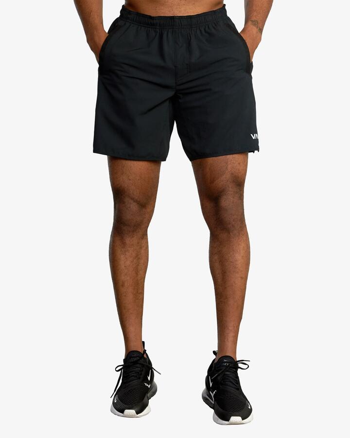 Image of a model wearing Shorts. Product name - Rvca Mens Yogger Stretch 17" Workout Shorts Black in Black colour by brand - Rvca