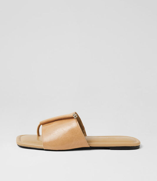Image of Slippers. Product name - Misam Camel Crinkle Leather Slides in Camel colour by brand - MOLLINI