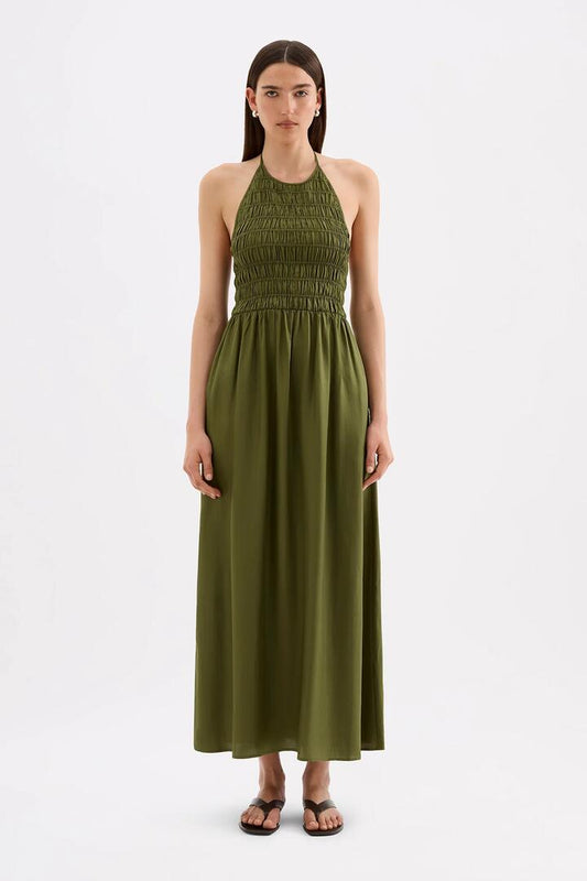 Image of Dresses. Product name - Mira Cypress Green Shirred Halter Maxi Dress in Green colour by brand - Nude Lucy