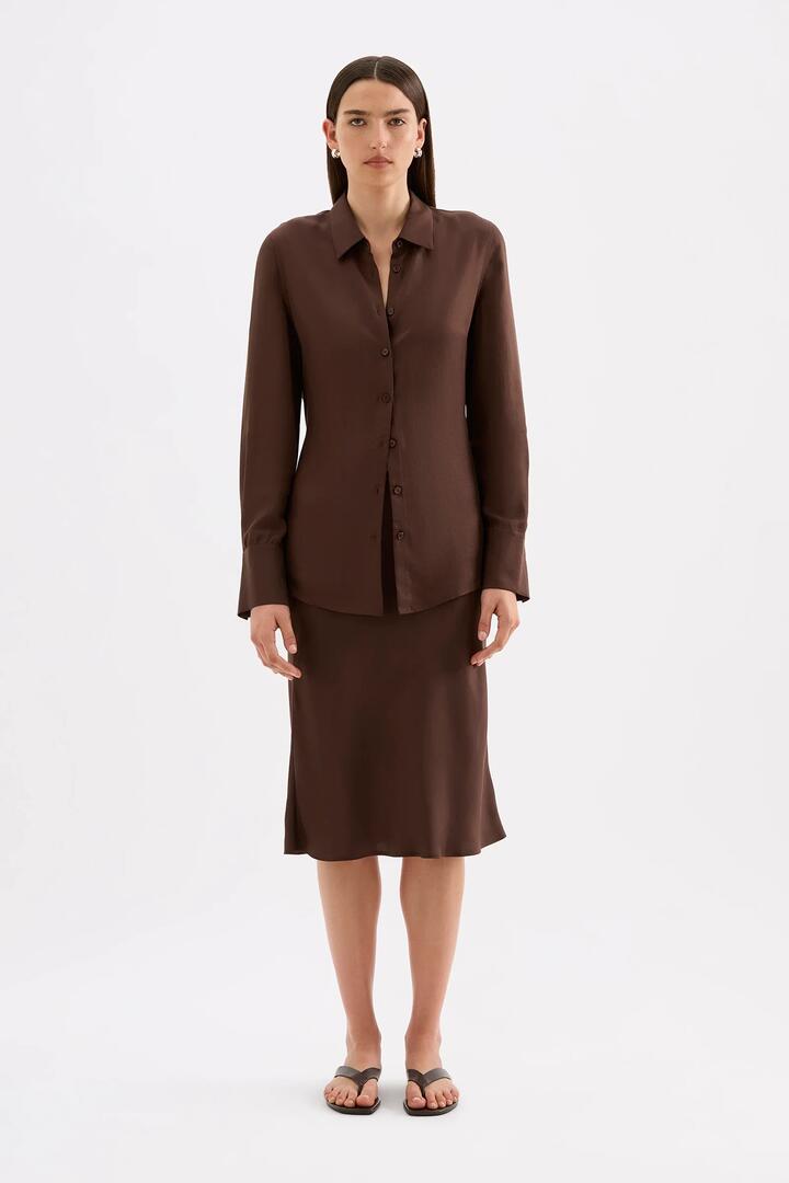 Image of Shirts. Product name - Tilly Chocolate Tencel Front Tie LS Shirt in Chocolate colour by brand - Nude Lucy