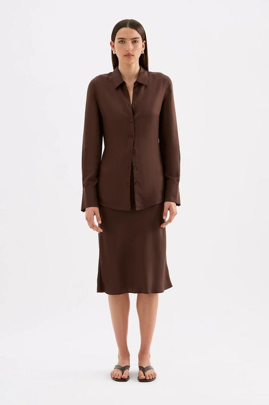 Image of Shirts. Product name - Tilly Chocolate Tencel Front Tie LS Shirt in Chocolate colour by brand - Nude Lucy