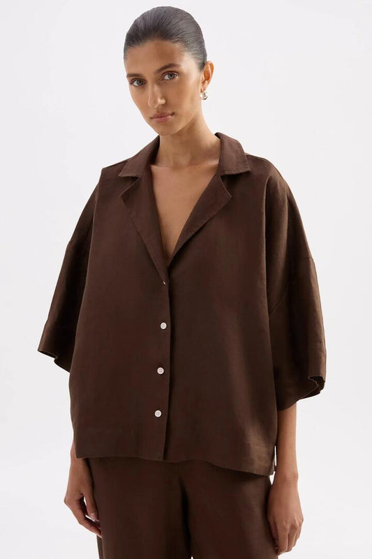 Image of Shirts. Product name - Lounge Chocolate Linen SS Shirt in Chocolate colour by brand - Nude Lucy
