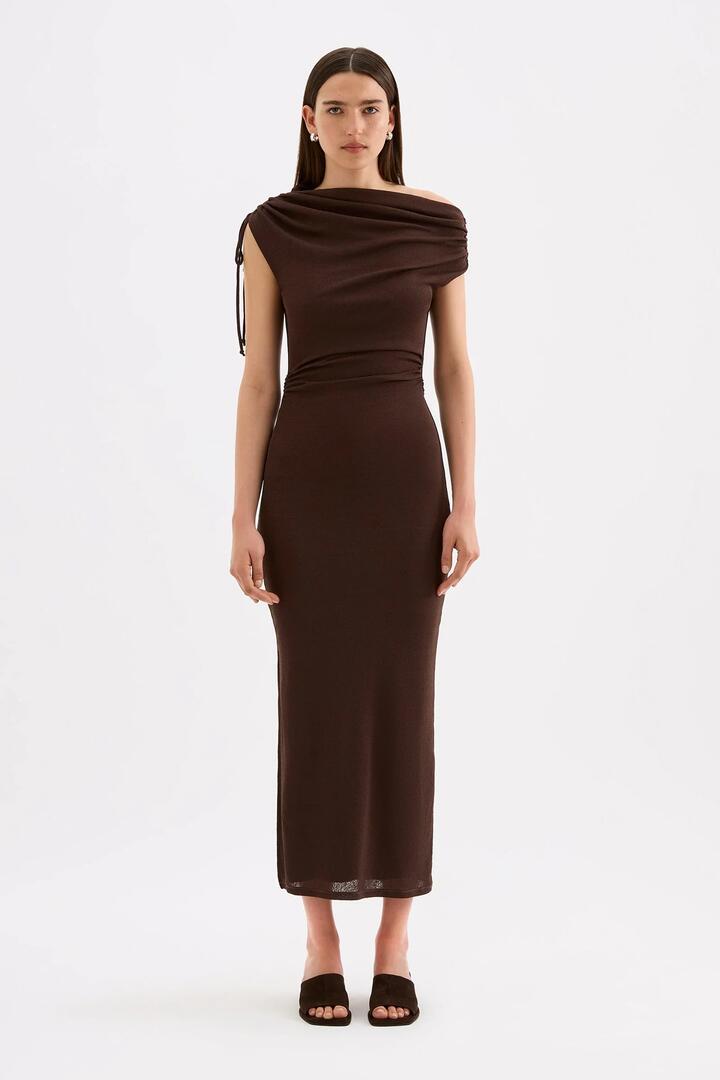 Image of Dresses. Product name - Lani Chocolate Mesh Off Shoulder Maxi Dress in Chocolate colour by brand - Nude Lucy