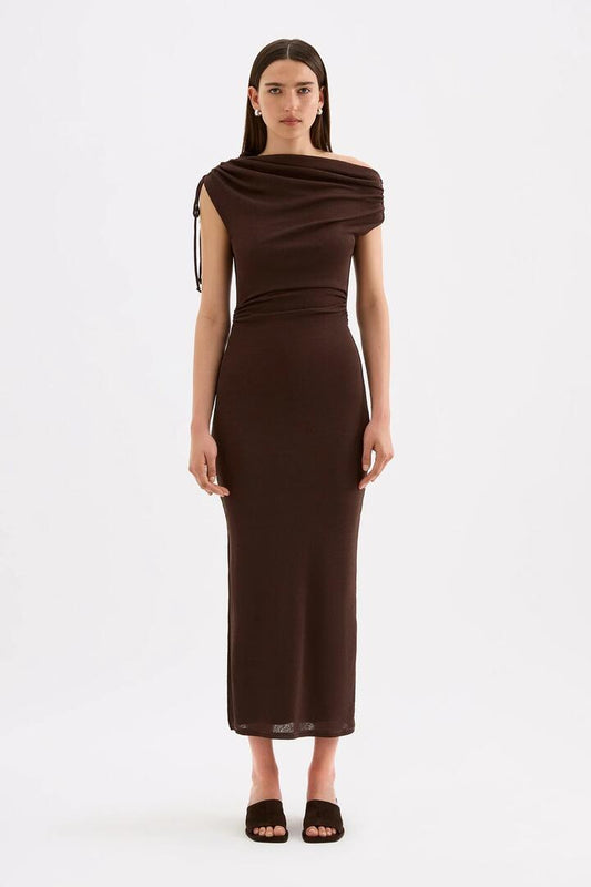 Image of Dresses. Product name - Lani Chocolate Mesh Off Shoulder Maxi Dress in Chocolate colour by brand - Nude Lucy