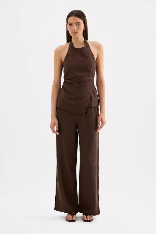 Image of a model wearing Pants. Product name - Juno Chocolate Linen Blend Pant in Chocolate colour by brand - Nude Lucy