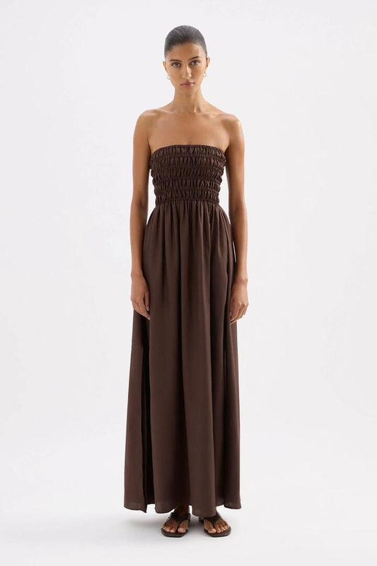 Image of Dresses. Product name - Zuri Chocolate Tencel Ruched Strapless Maxi Dress in Chocolate colour by brand - Nude Lucy