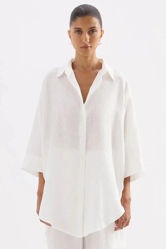 Image of Shirts. Product name - Lounge White Linen Longline SS Shirt in White colour by brand - Nude Lucy
