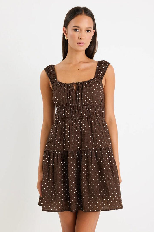 Image of Dresses. Product name - Tricky Chocolate Mini Polka Dot Sleeveless Mini Dress in Chocolate Mini Polka Dot colour by brand - Among the Brave