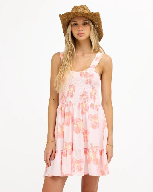 Image of Dresses. Product name - Roxy Womens Floral Rain Mini Dress Powder Pink in Powder Pink colour by brand - Roxy