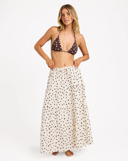 Image of a model wearing Skirts. Product name - Billabong Womens Hot Shot Maxi Skirt Salt Crystal in Salt Crystal colour by brand - Billabong