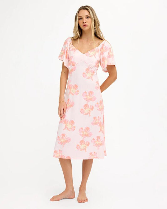 Image of Dresses. Product name - Roxy Womens Floral Rain Midi Dress Powder Pink in Powder Pink colour by brand - Roxy