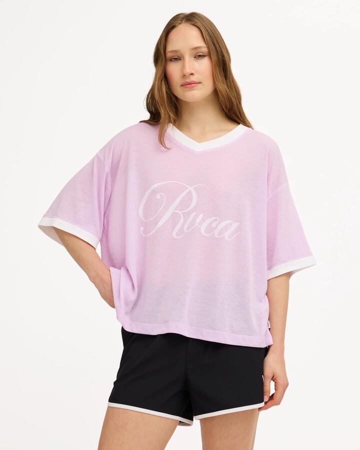 Image of T-Shirts. Product name - RVCA Womens Frontline V-Neck T-Shirt Lilac in Lilac colour by brand - RVCA