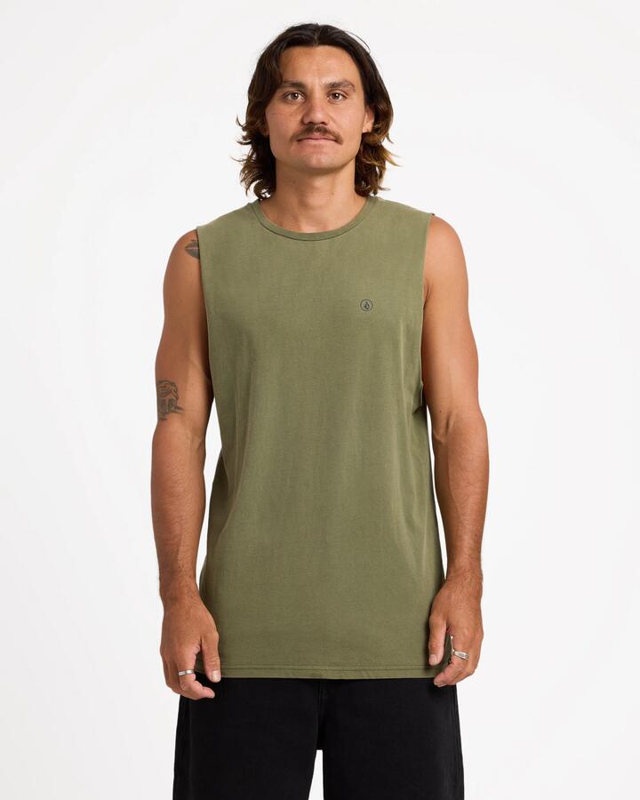 Image of a model wearing Tops. Product name - Volcom Mens Aus Wash Muscle Army Green Combo in Army Green Combo colour by brand - Volcom