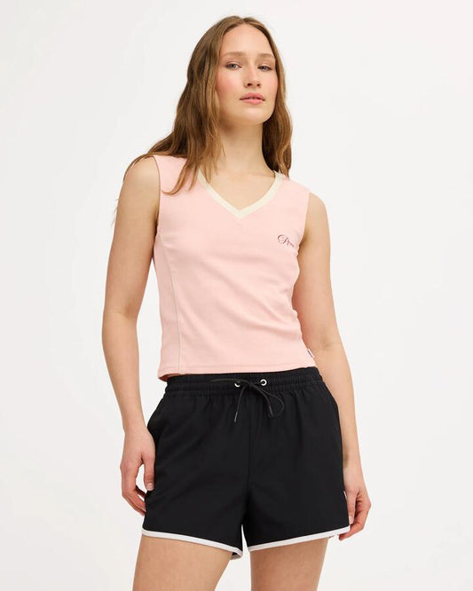 Image of a model wearing Tops. Product name - RVCA Womens Unity V-Neck Tank Top Sea Pink in Sea Pink colour by brand - RVCA