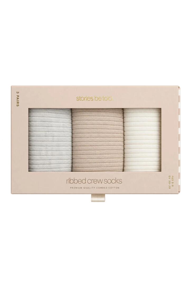 Image of Hair Accessories. Product name - Neutral 3 Pack Ribbed Crew Socks in Natural colour by brand - Stories be Told