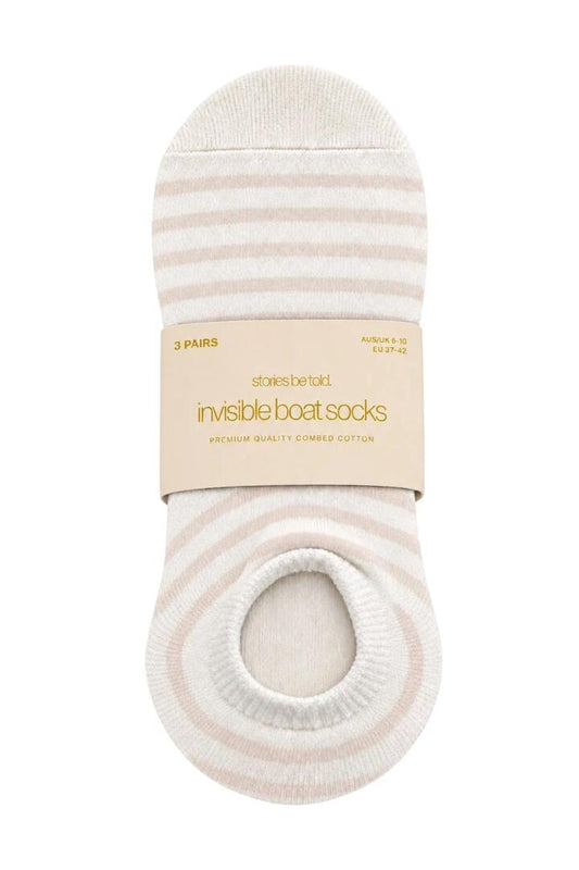 Image of Hair Accessories. Product name - Beige 3 Pack Polka Dot + Stripe Invisible Boat Socks in Natural colour by brand - Stories be Told