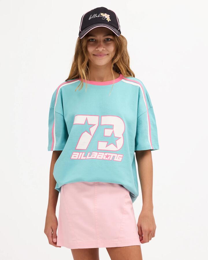 Image of a model wearing Skirts. Product name - Billabong Girls 8-16 Billa Star Mini Skirt Pink Sand in Pink Sand colour by brand - Billabong