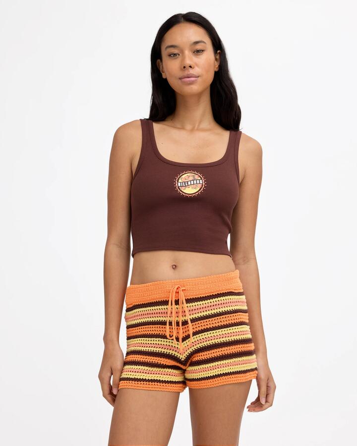 Image of a model wearing Tops. Product name - Billabong Womens Mango Sunset Tank Top Teak in Teak colour by brand - Billabong
