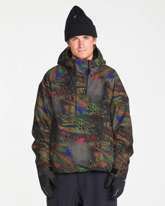 Image of a model wearing Outerwear. Product name - Volcom Mens Hossegor 20K Pullover Cheetah in Cheetah colour by brand - Volcom