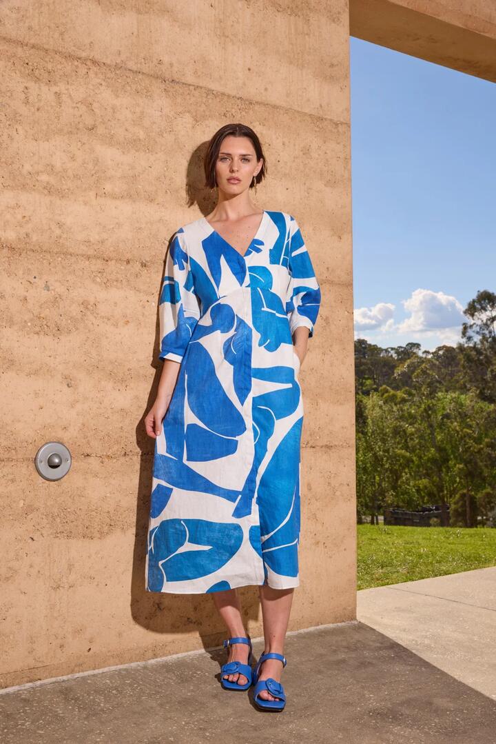Image of Dresses. Product name - Blue Nude Linen Dress in Print colour by brand - Gorman