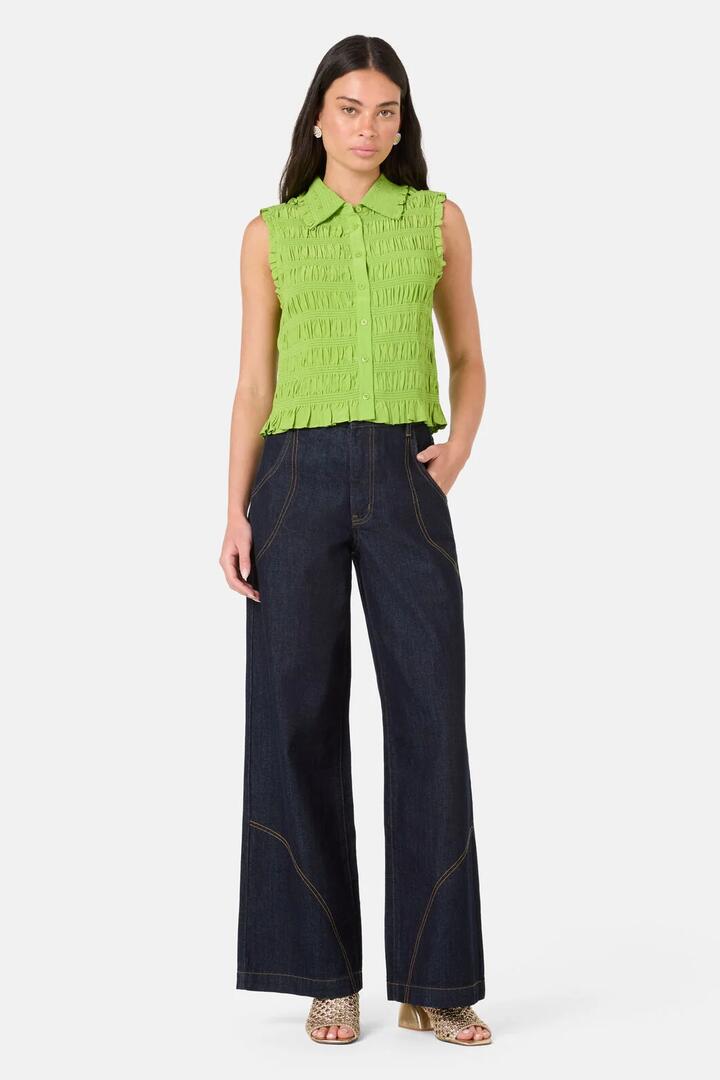 Image of a model wearing Tops. Product name - Shirr Thing Tank in Green colour by brand - Gorman