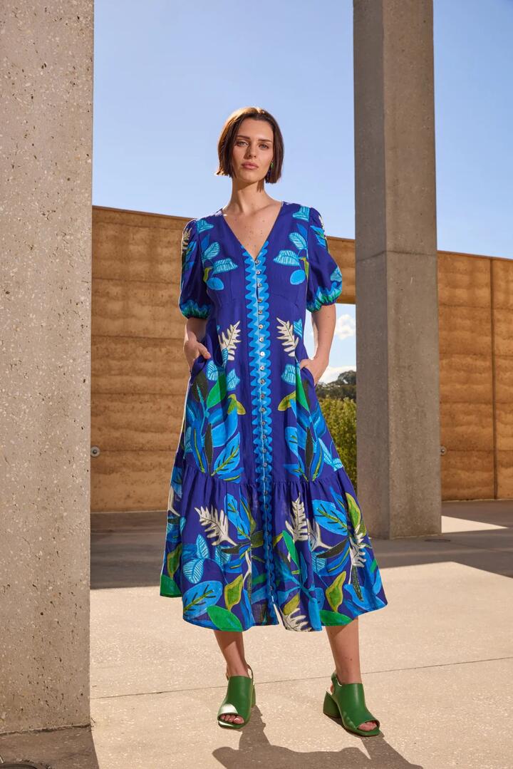 Image of Dresses. Product name - Botanical Blueprint Midi Dress in Print colour by brand - Gorman