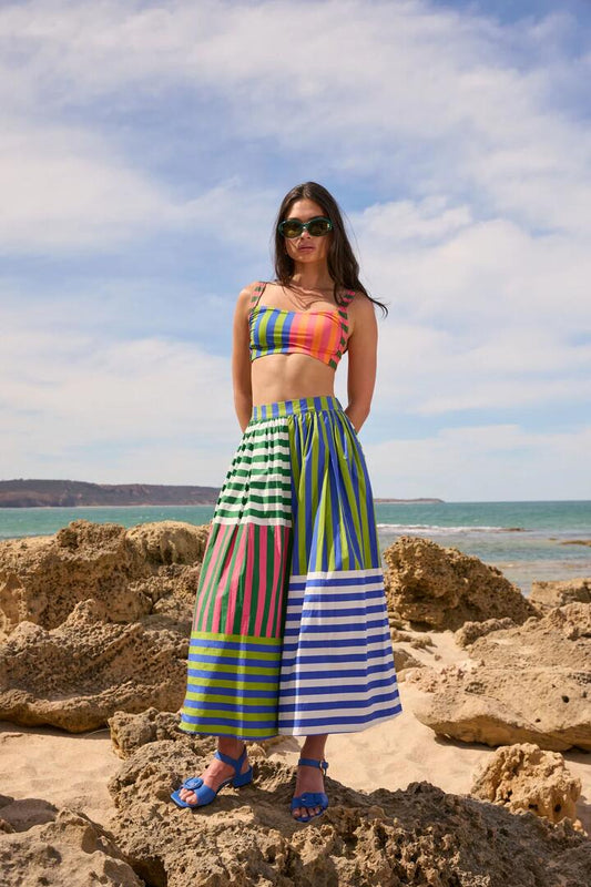 Image of a model wearing Skirts. Product name - Poetry Stripe Skort in Stripe colour by brand - Gorman