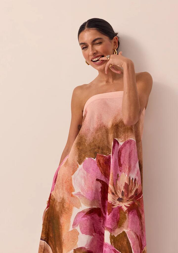 Image of Dresses. Productname: Peach Blossom Strapless Dress in Print colour by brand - MOS The Label