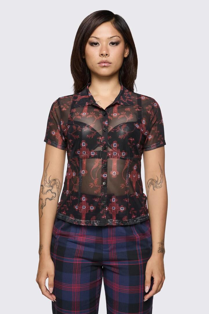 Image of Shirts. Product name - Subreligion Mesh Shirt in Black Red colour by brand - Dangerfield