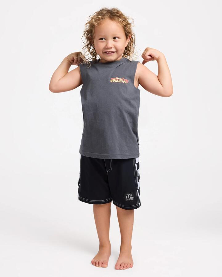 Image of a model wearing Tops. Product name - Quiksilver Boys 2-7 Cooking Mt Boy Tank Iron Gate in Iron Gate colour by brand - Quiksilver