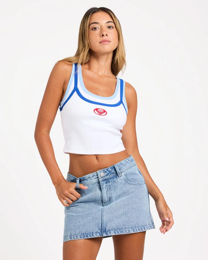 Image of a model wearing Tops. Product name - Roxy Womens Summer Bay Tank Top Bright White in Bright White colour by brand - Roxy