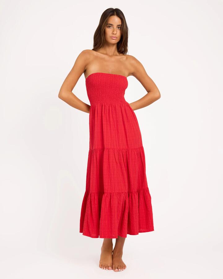 Image of Dresses. Product name - Roxy Womens Baby Mine Strapless Maxi Dress High Risk Red in High Risk Red colour by brand - Roxy