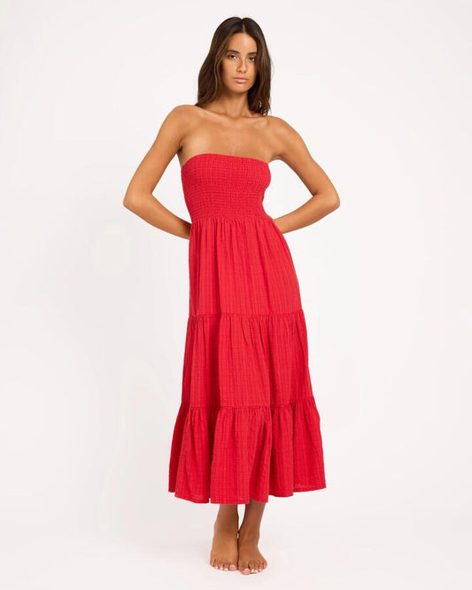 Image of Dresses. Product name - Roxy Womens Baby Mine Strapless Maxi Dress High Risk Red in High Risk Red colour by brand - Roxy