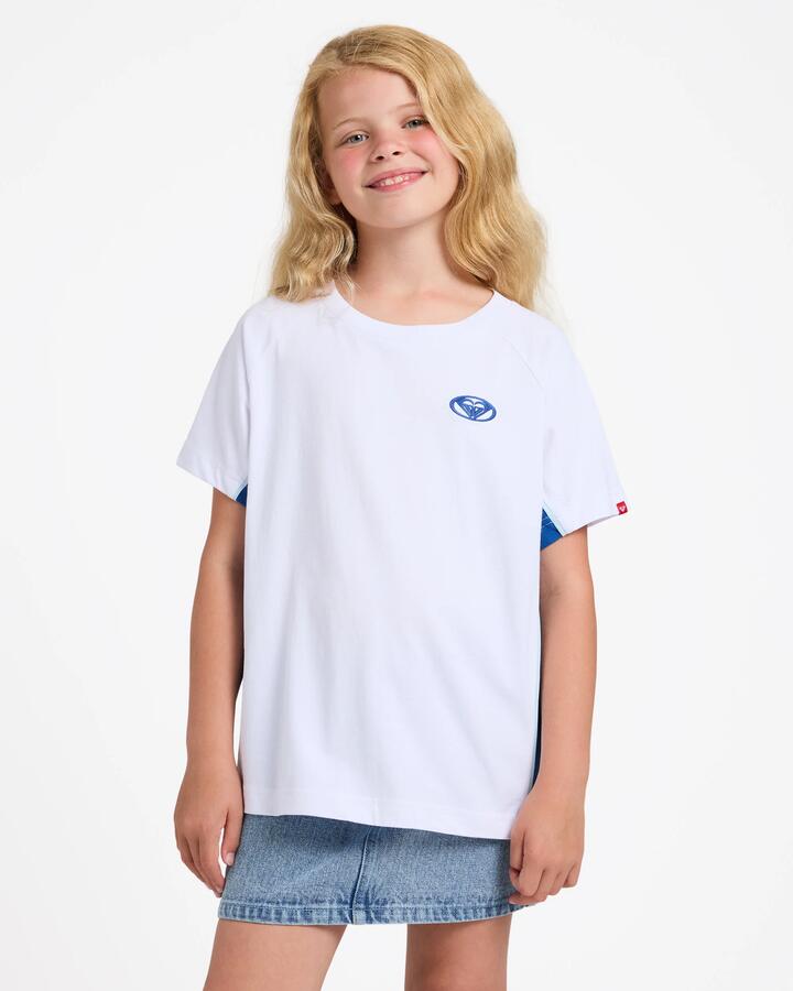 Image of a model wearing Tops. Product name - Roxy Girls 8-16 Summer Bay Panelled Tops Bright White in Bright White colour by brand - Roxy